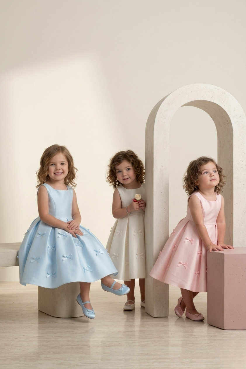 "Little Reverie A-line occasion dress with bow appliqués for girls ages 1–10"