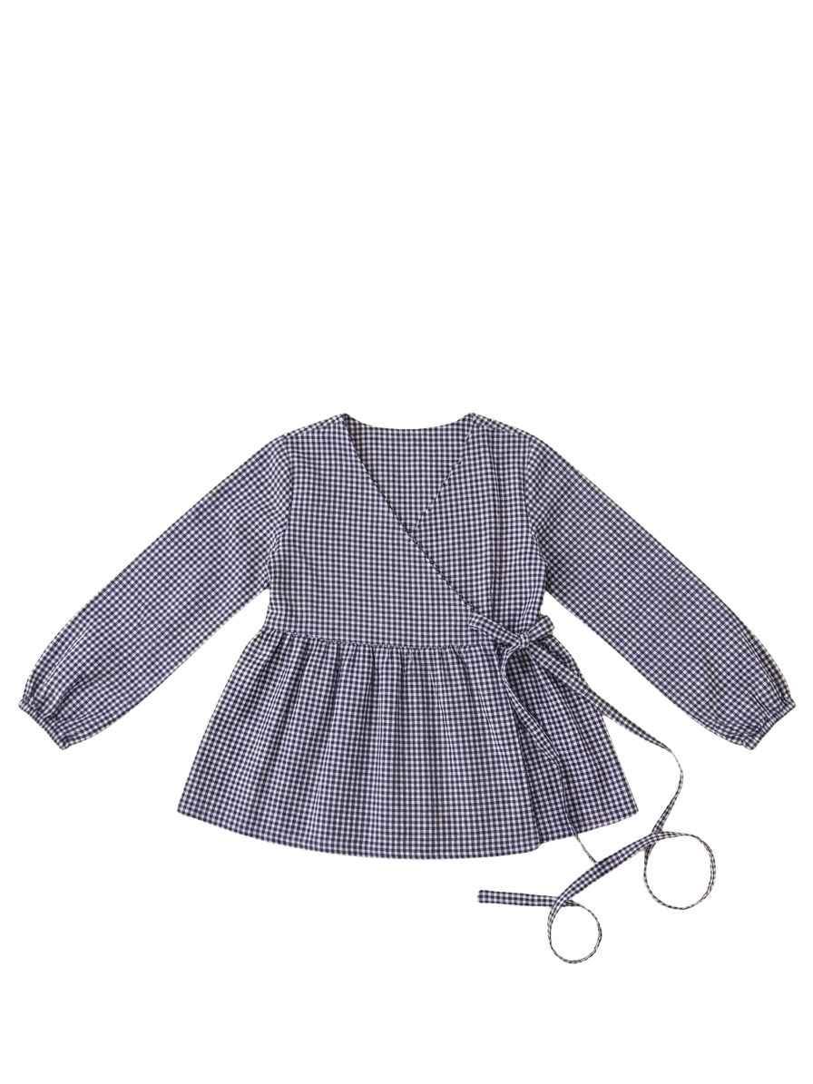 Navy Gingham Wrap Blouse