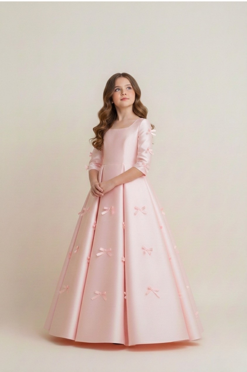 A-Line Pleated Bow Applique Dress - Blush Pink