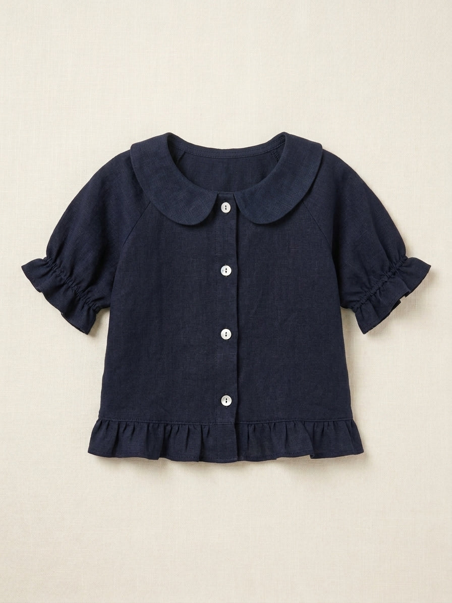 Navy Blue Linen Shirt with Ruffle Hem & Peter Pan Collar