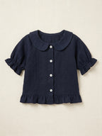Navy Blue Linen Shirt with Ruffle Hem & Peter Pan Collar