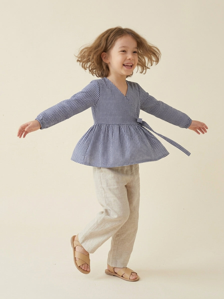 Navy Gingham Wrap Blouse