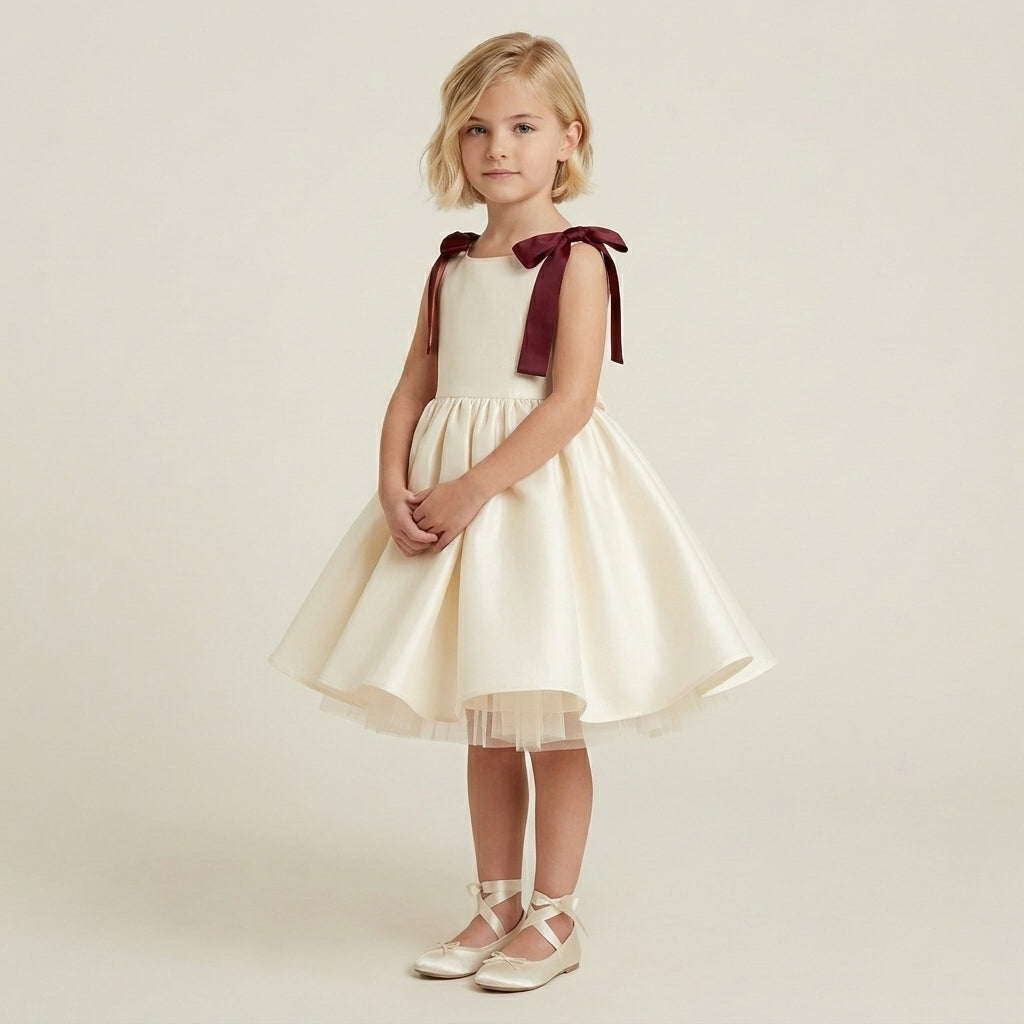 Flared Satin Bow Strap Dress - Burgundy