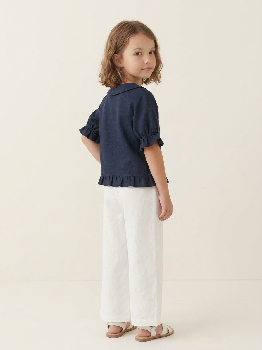 Navy Blue Linen Shirt with Ruffle Hem & Peter Pan Collar