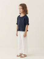 Navy Blue Linen Shirt with Ruffle Hem & Peter Pan Collar