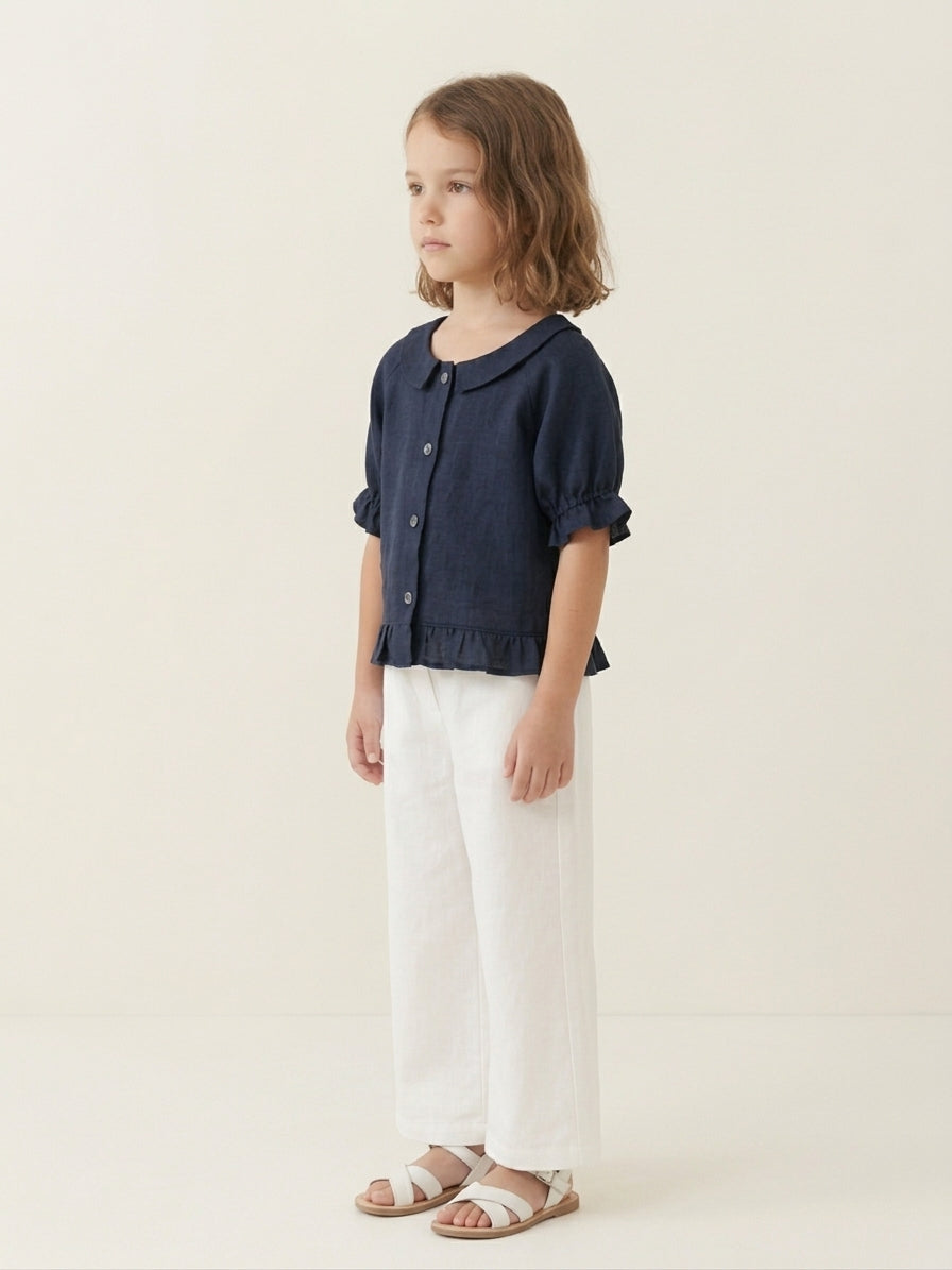 Navy Blue Linen Shirt with Ruffle Hem & Peter Pan Collar