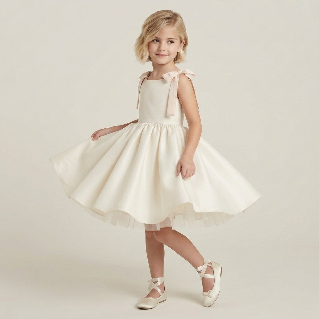 Flared Satin Bow Strap Dress - Blush Pink