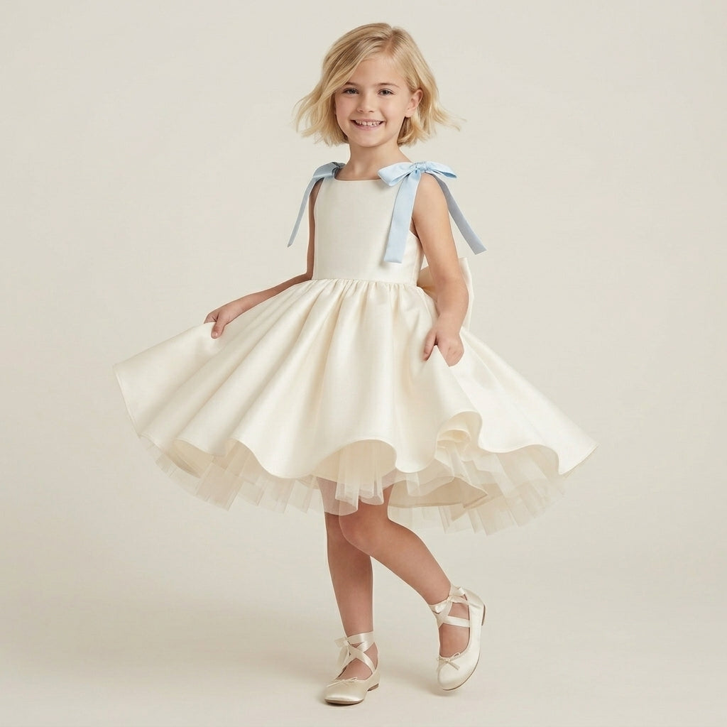 Flared Satin Bow Strap Dress - Sky Blue
