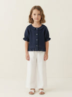 Navy Blue Linen Shirt with Ruffle Hem & Peter Pan Collar