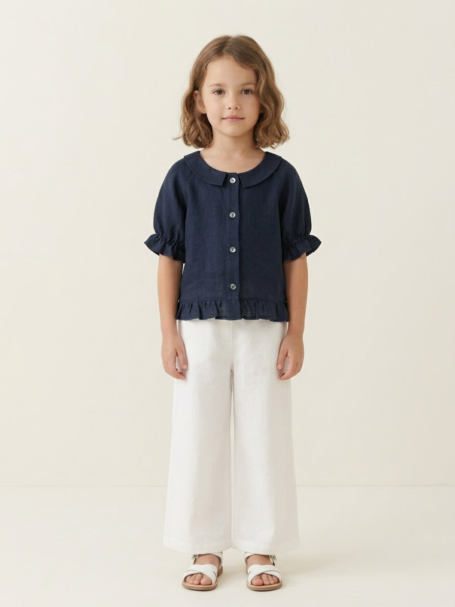 Navy Blue Linen Shirt with Ruffle Hem & Peter Pan Collar