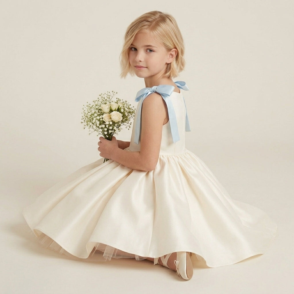 Flared Satin Bow Strap Dress - Sky Blue