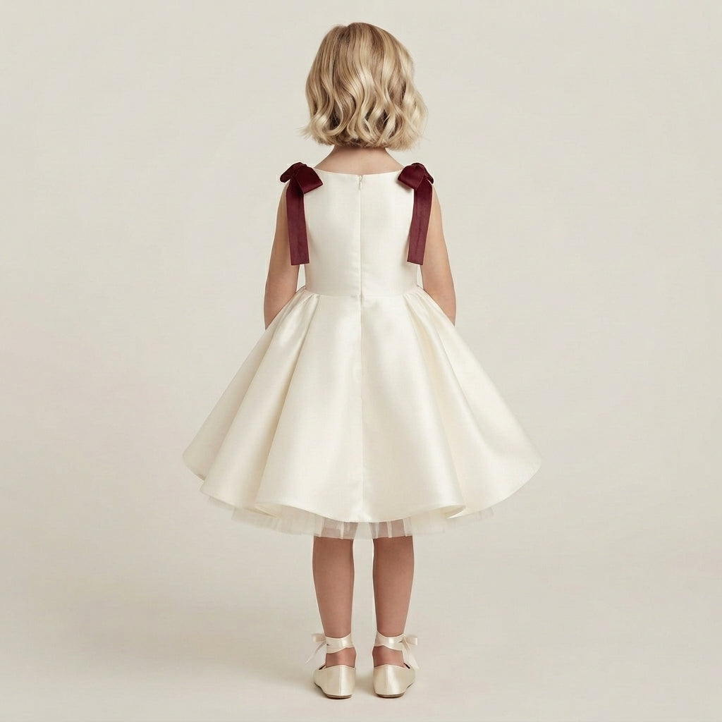Flared Satin Bow Strap Dress - Burgundy