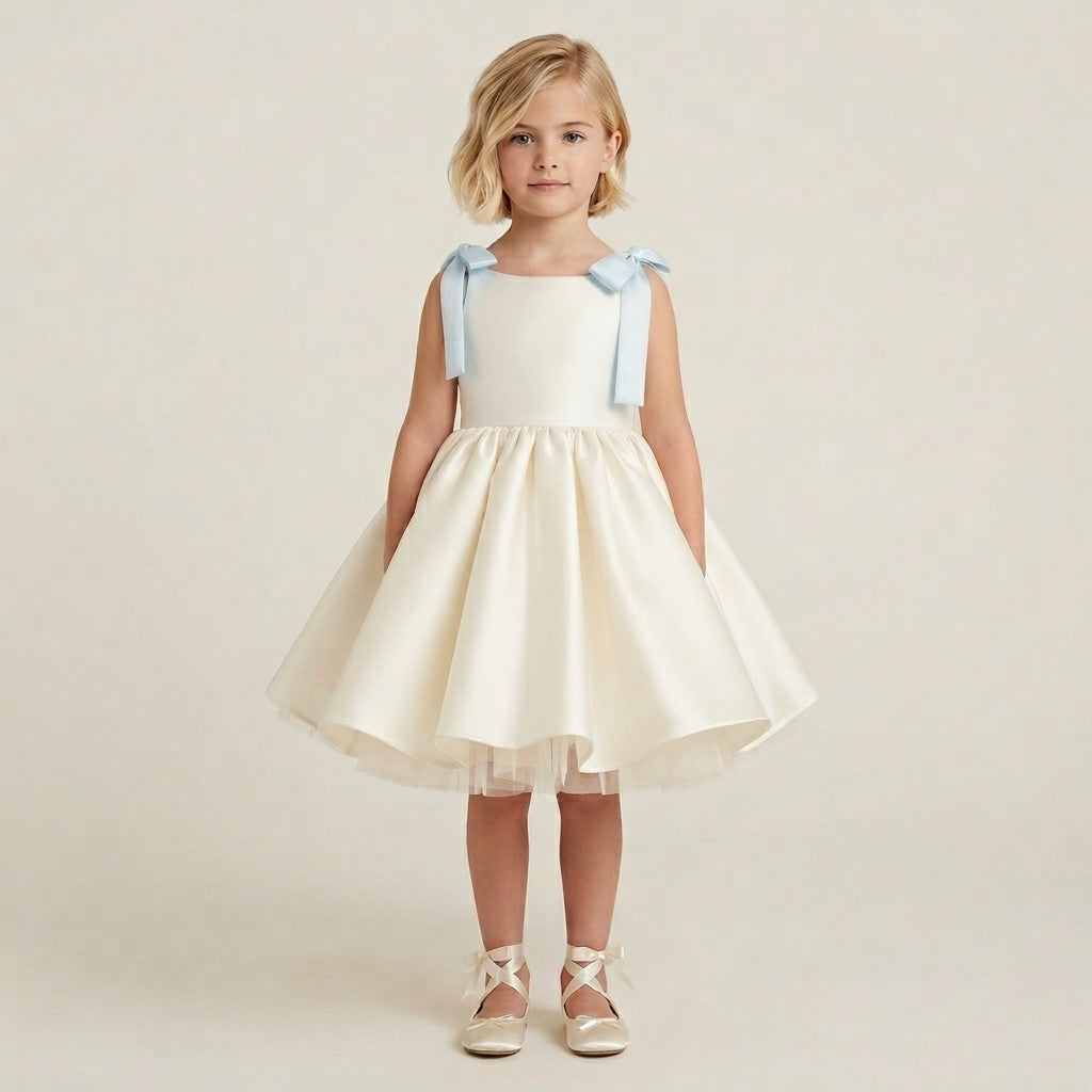 Flared Satin Bow Strap Dress - Sky Blue