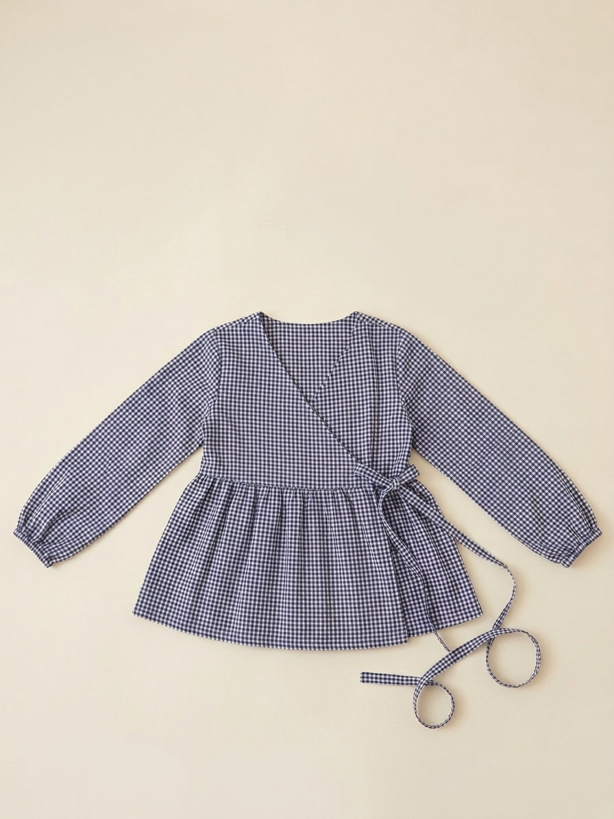 Navy Gingham Wrap Blouse