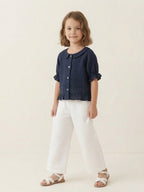 Navy Blue Linen Shirt with Ruffle Hem & Peter Pan Collar