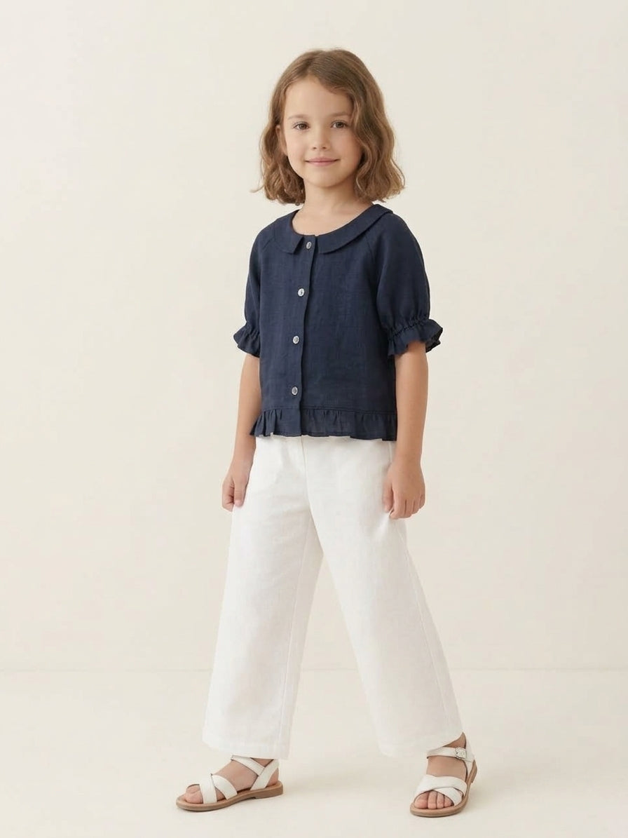 Navy Blue Linen Shirt with Ruffle Hem & Peter Pan Collar