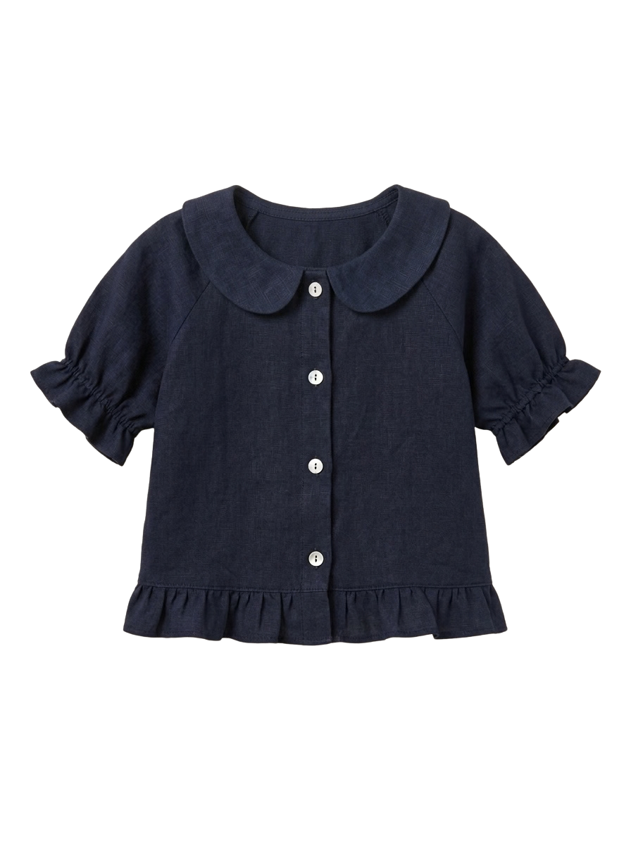 Navy Blue Linen Shirt with Ruffle Hem & Peter Pan Collar