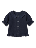 Navy Blue Linen Shirt with Ruffle Hem & Peter Pan Collar