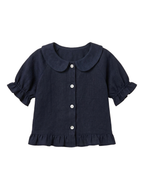 Navy Blue Linen Shirt with Ruffle Hem & Peter Pan Collar